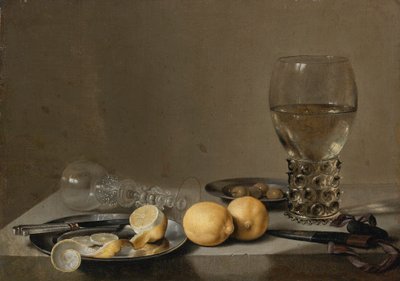 Still Life with Two Lemons, a Venetian Glass, Roemer, Knife and Olives on a Table by Pieter Claesz